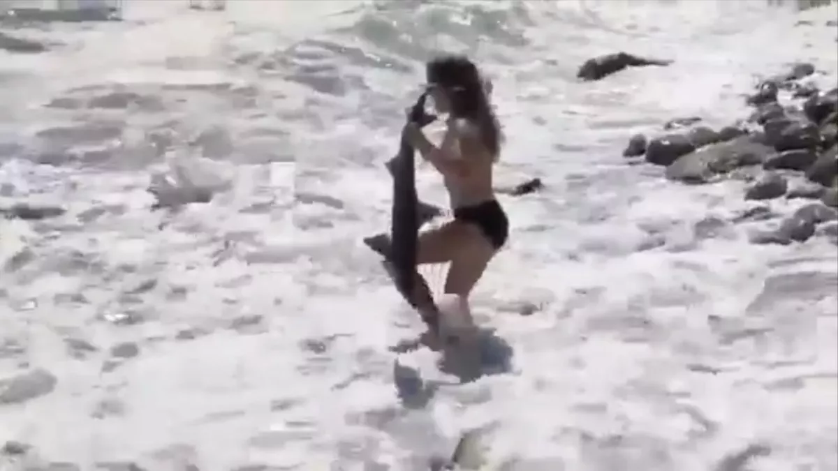 Girl grabs shark with her bare hands