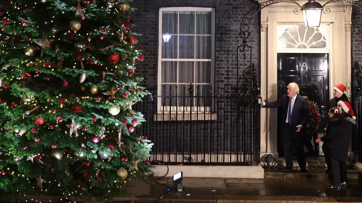 British Prime Minister Boris Johnson delivers a speech to business leaders at a Christmas market outside 10 Downing Street in London, Britain, 1 December