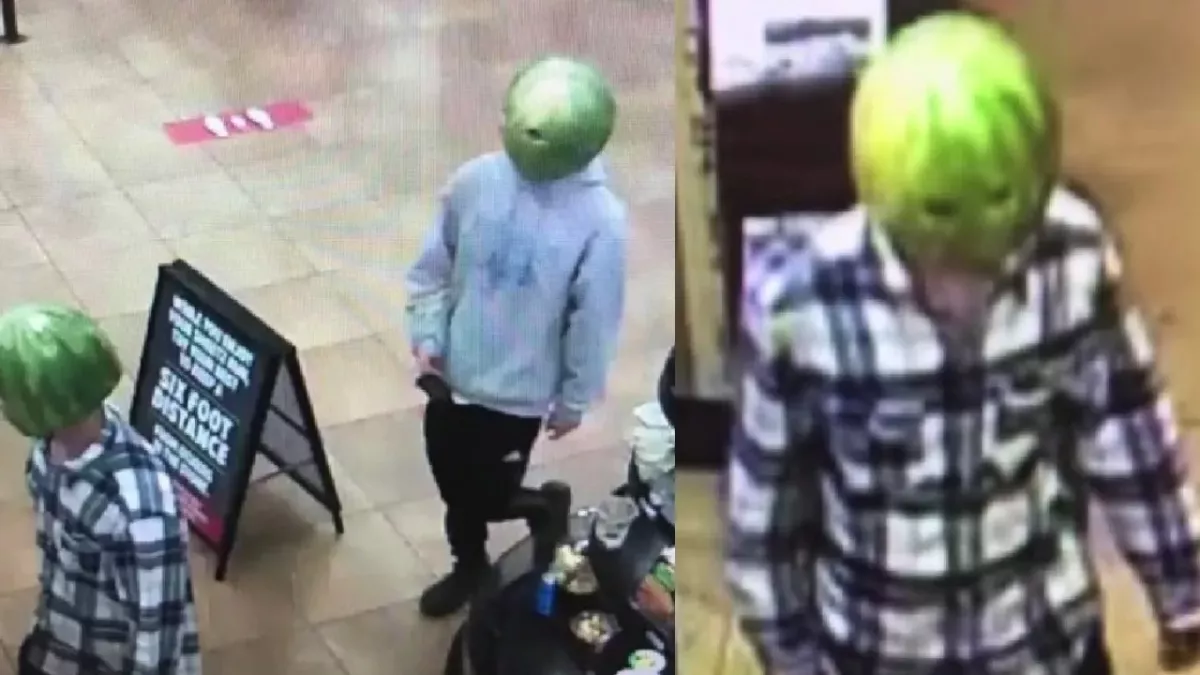 Shoplifters wearing watermelon masks.