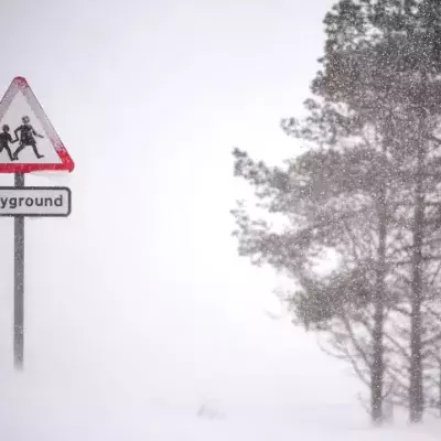 School sign engulfed in snow