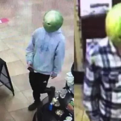 Shoplifters wearing watermelon masks.