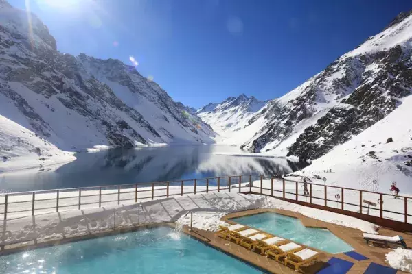 The Portillo Hotel in Chile. This view is magnificent!The mountains and the lake make it unbelievable!
